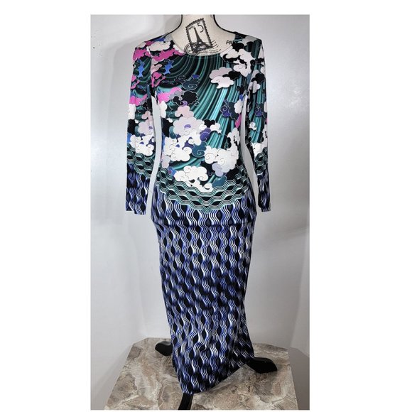 Mary Katrantzou Cloud Print Long Sleeve Jersey Bodycon Midi Dress Size S - Picture 2 of 7